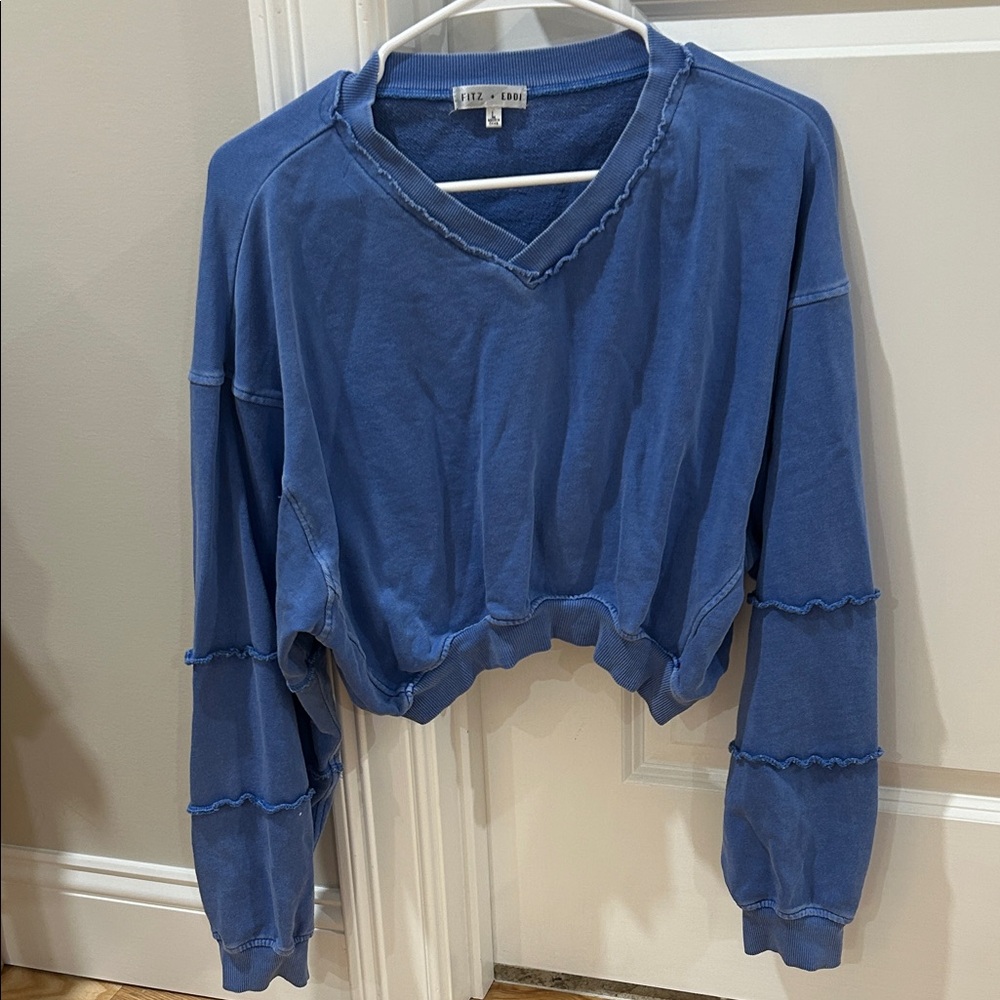 Fitz and Eddi Cropped Blue V-Neck Sweatshirt with Frayed Edges